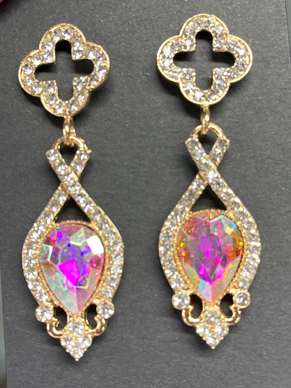 Crystal Drop Post Earrings in Iridescent Pink and Gold